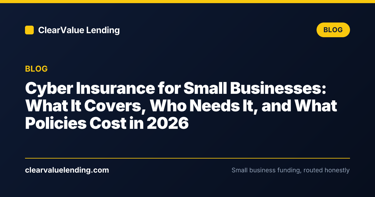 Small business owner reviewing cyber insurance policy documentation at a desk
